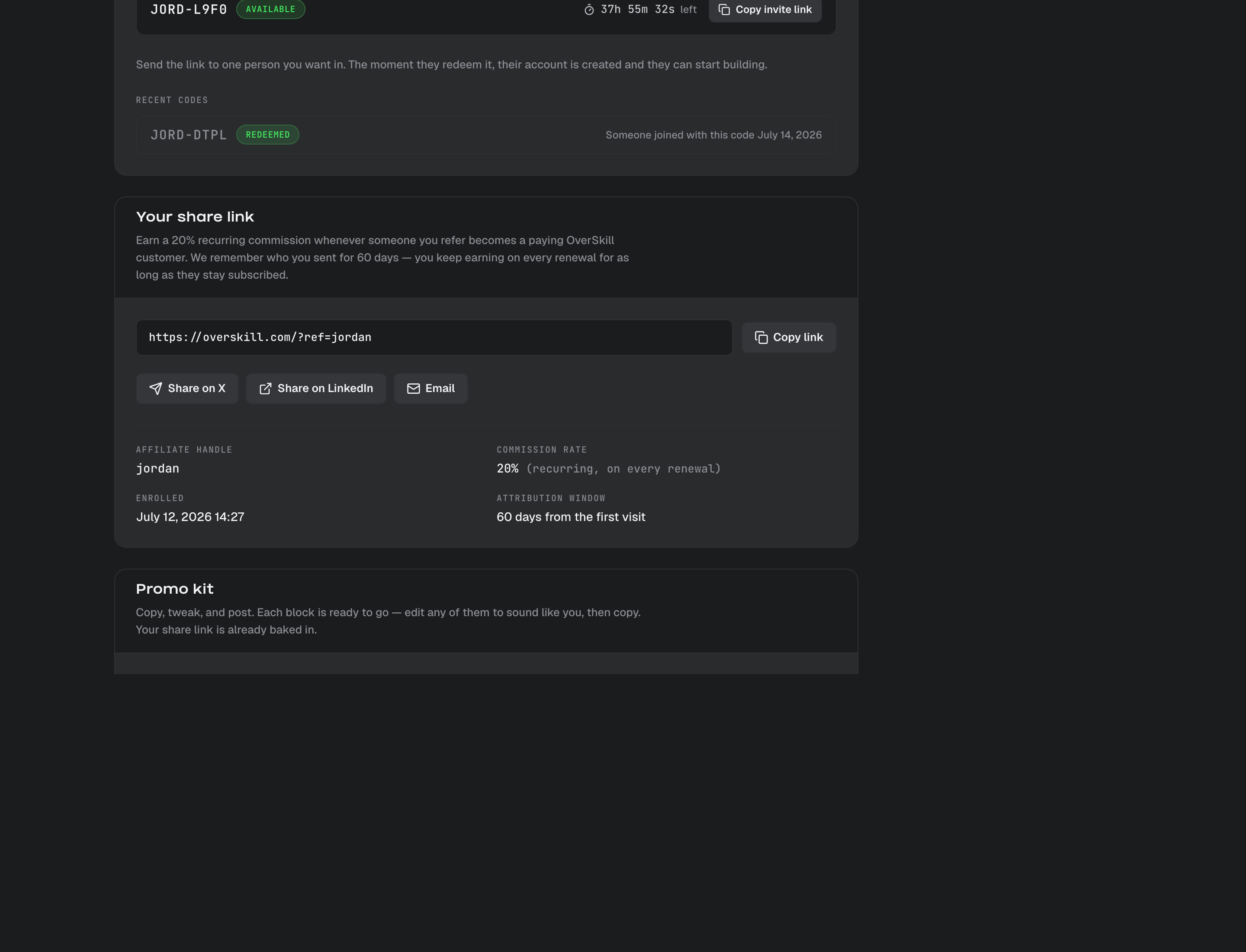The affiliate page: how promotion works, your invite codes, and your share link