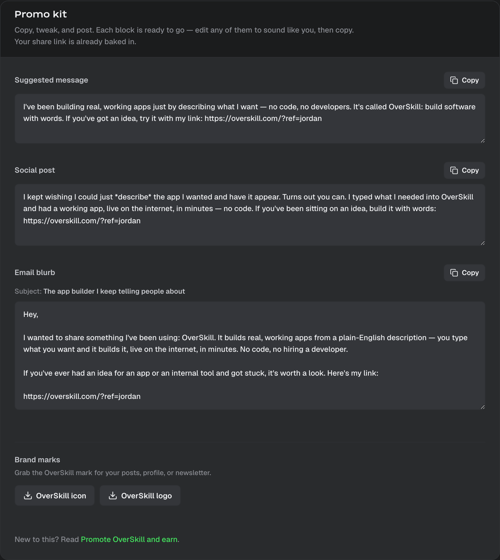 The promo kit: suggested message, social post, email blurb, and brand marks — each with a copy button