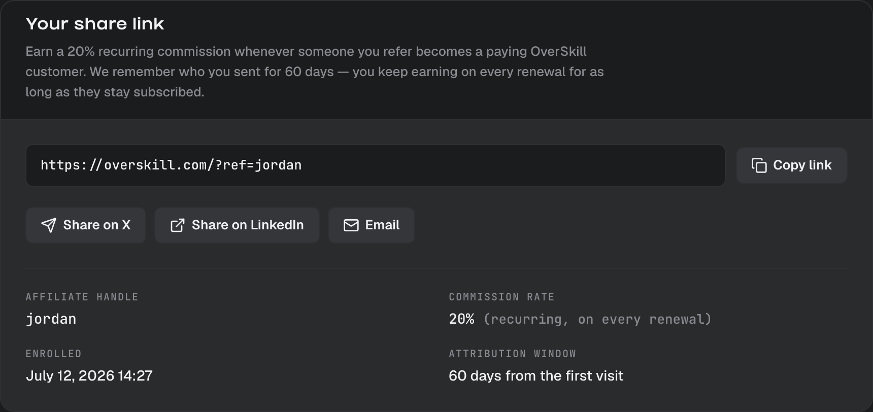 The "Your share link" card: your link, share buttons, commission rate, and attribution window