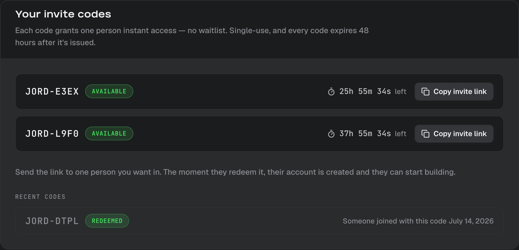 The affiliate page's invite codes card: available codes with countdown timers and a redeemed code in history