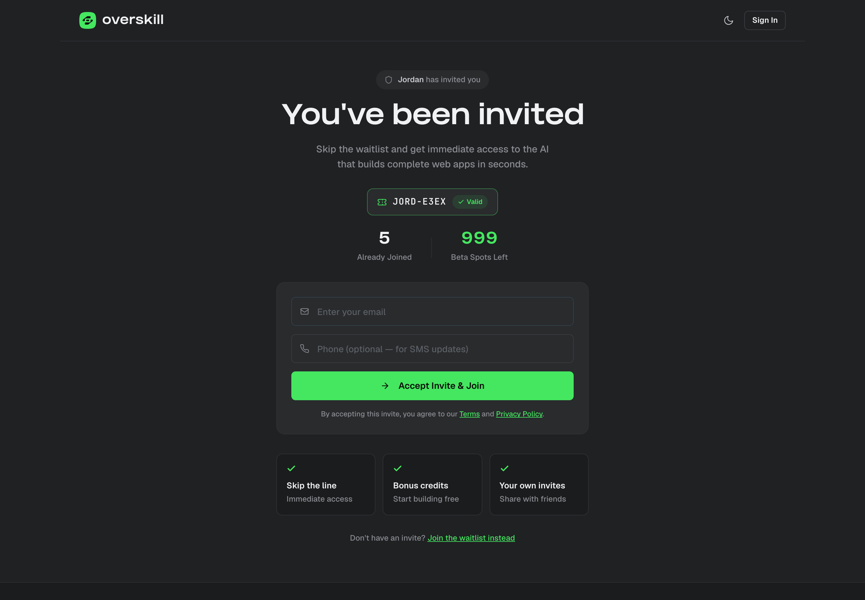 The invite page: who invited you, the code marked Valid, and the Accept Invite & Join form