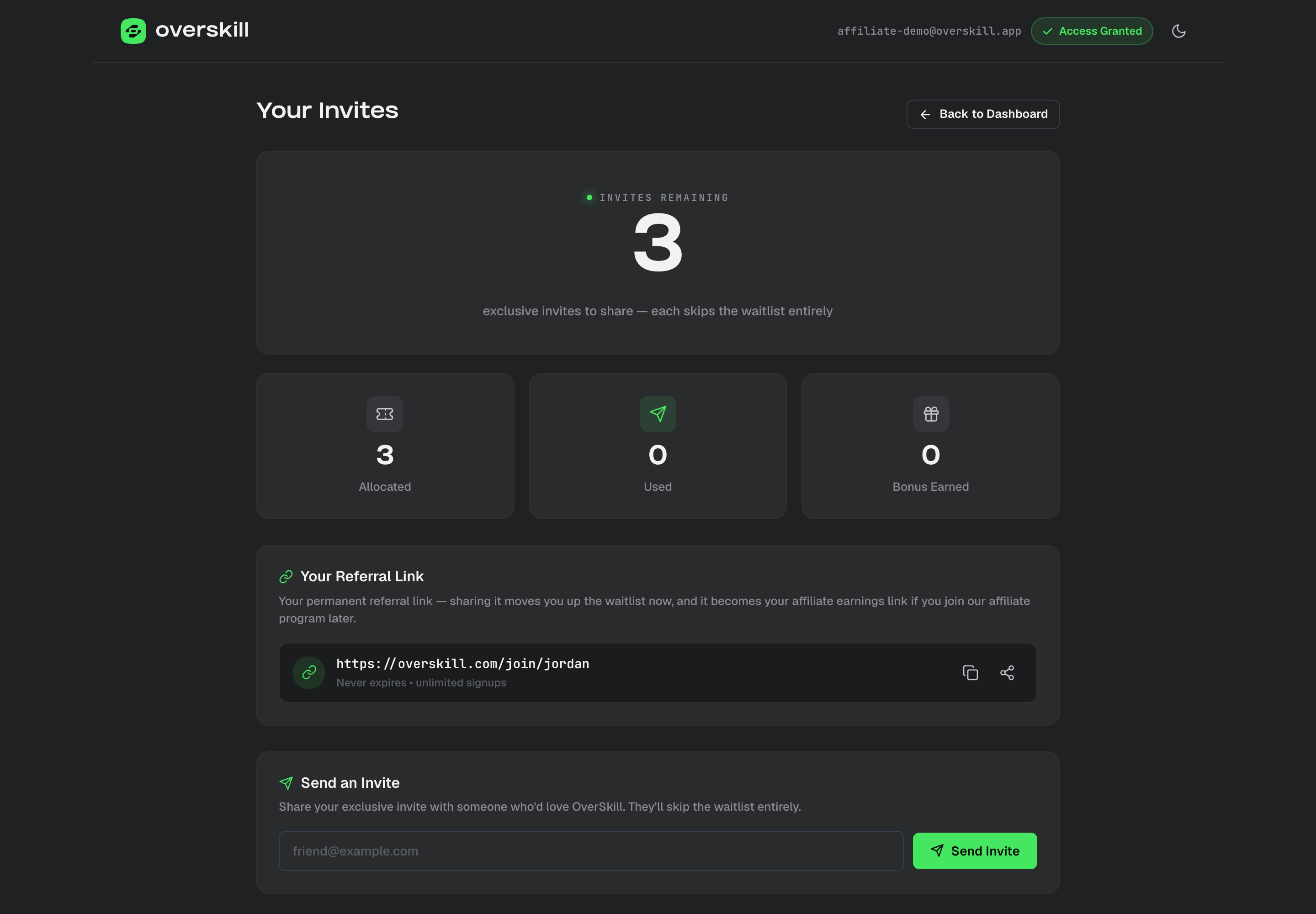 The Your Invites page: invites remaining, used, bonus earned, your referral link, and Send an Invite